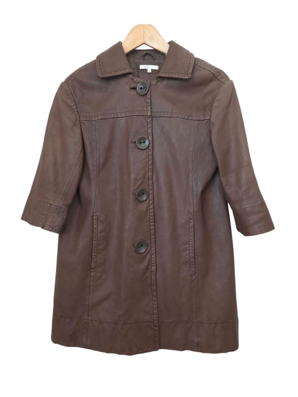 Vince Brown Leather 3/4 Sleeve Big Button-Front Coat Jacket Women's Size S